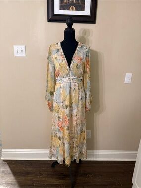 Esther & Company Pamelia Dress Floral V-Neck Long Sleeve Maxi Dress - Pale Multi